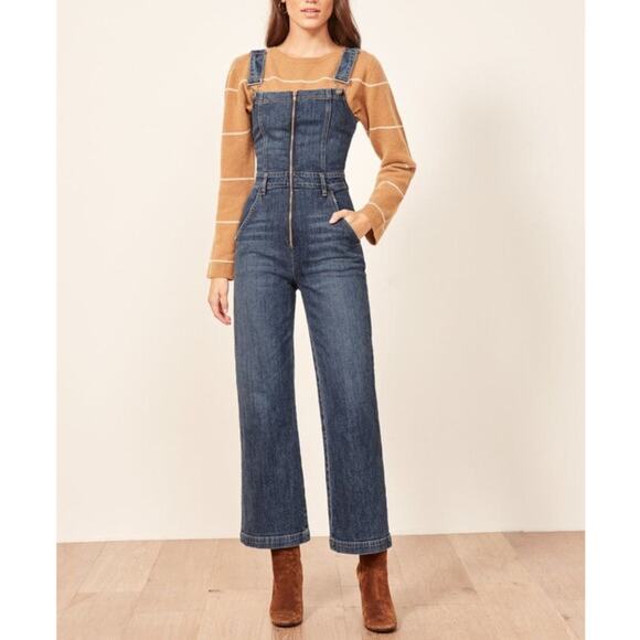 Reformation Jenny Zip Front Denim Jumpsuit Cropped Wide Leg Jean Overalls Kasai - Picture 13 of 13